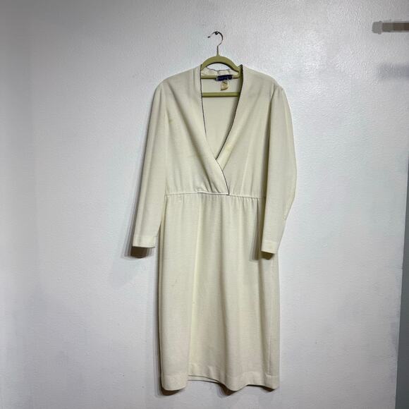 Leslie Fay Ivory Faux Wrap Vintage Midi Dress Sz L - Picture 1 of 13